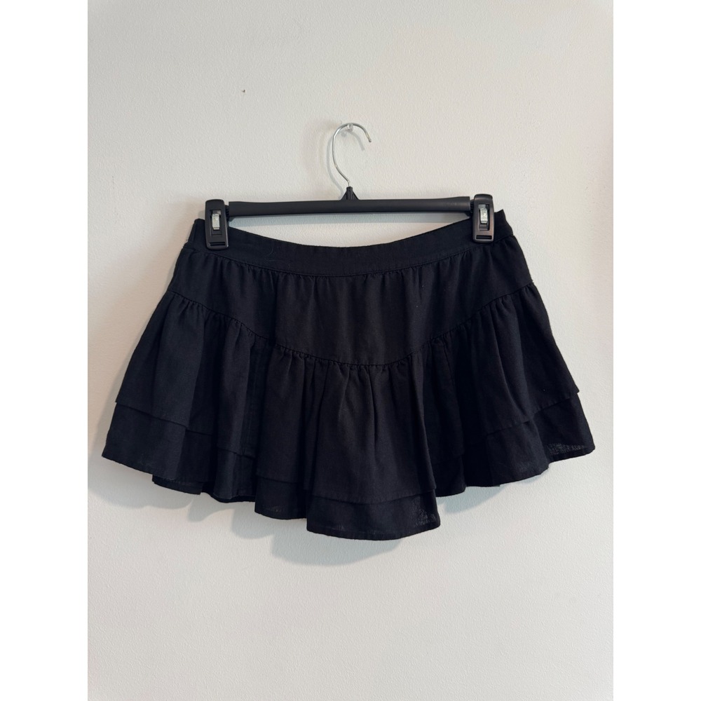 Abound Tiered Ruffle Mini Skort Women Size M Black Linen Blend Elastic Waist